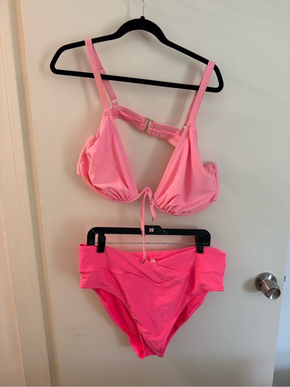 Ninety Hot Pink Ribbed Swim Top and Bottom Set